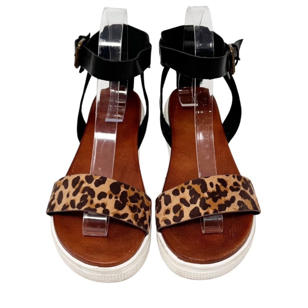 Mia Womens Black Faux Leather & Leopard Print Ankle Strap Sandal Size 7